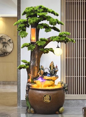 中式迎客松摆件假山流水饭店鱼缸瀑布装饰景观客厅落地循环水景