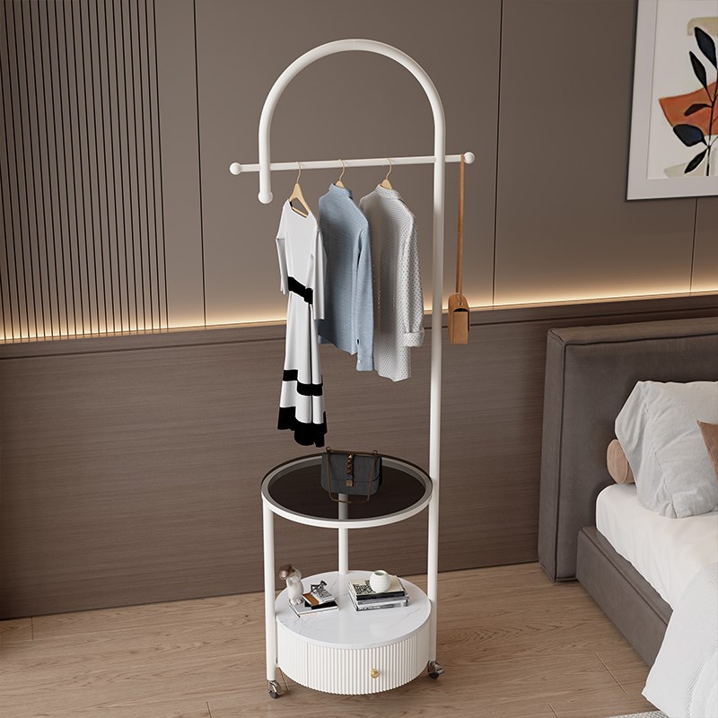 奶油风衣架落地卧室衣帽架客厅转角可移动收纳架床头柜挂衣架一体