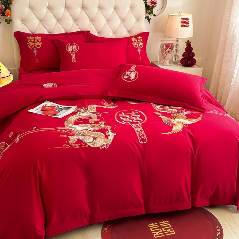 中式婚庆四件套红色刺绣婚房婚礼绣花喜被结婚被套非全棉床上用品