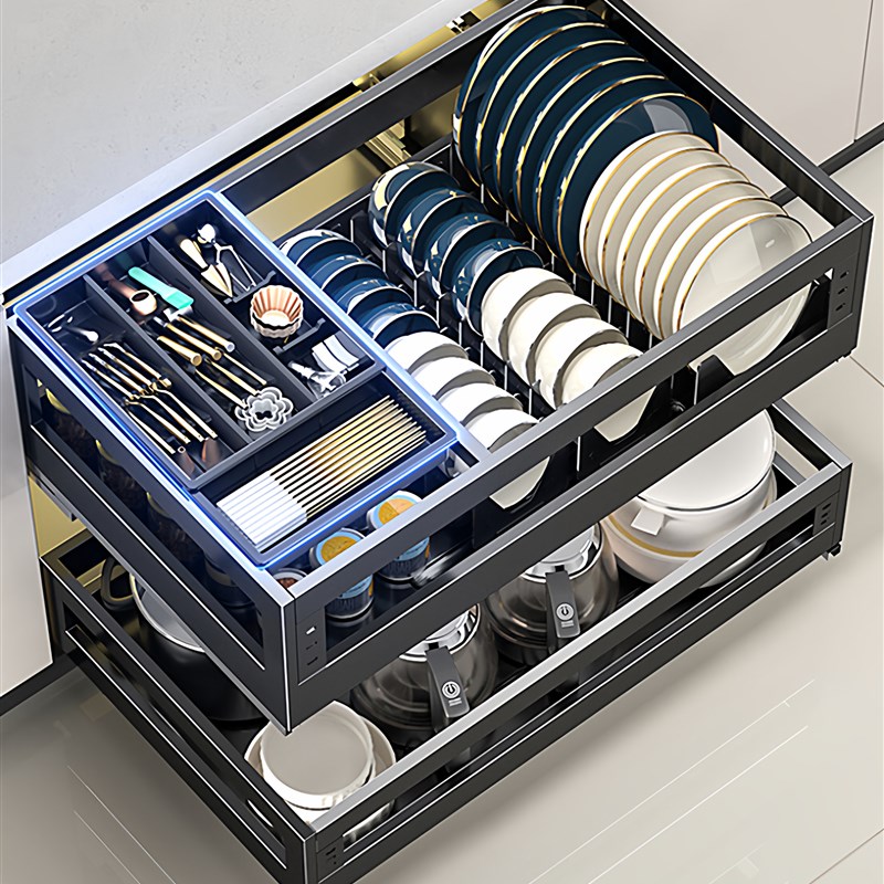 厨房橱柜拉篮304不锈钢双层抽屉式碗架收纳碟架碗篮内置物架碗碟