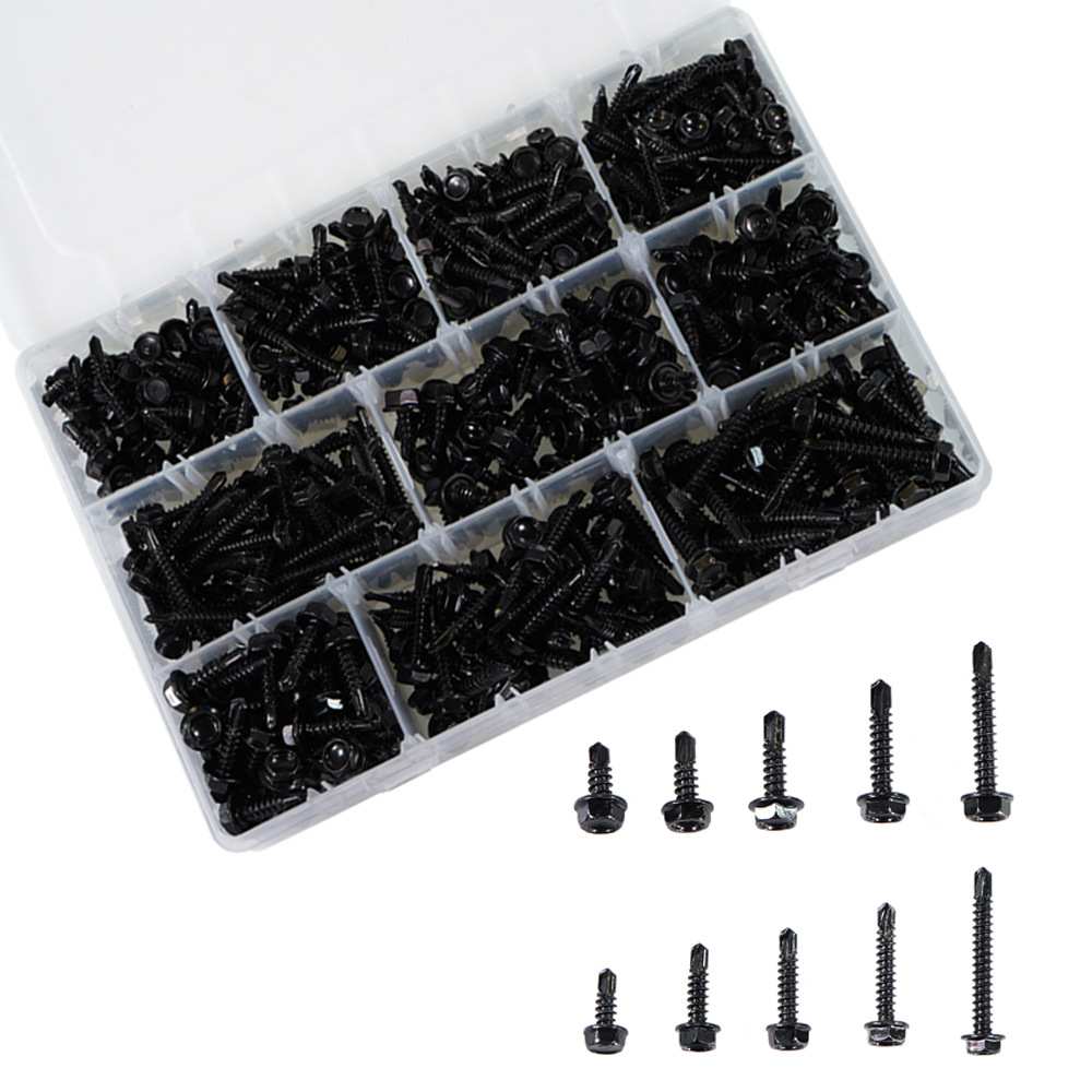 460pcs 410不锈钢黑锌六角华司钻尾燕尾钉金属专用螺丝套装8#10#