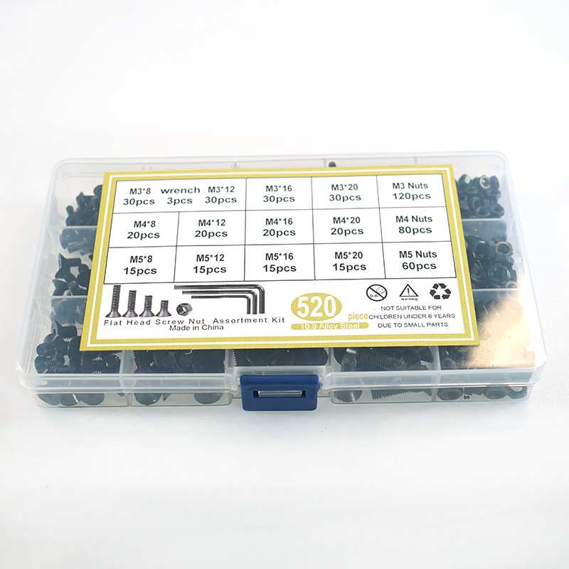 520pcs M3M4M5黑色高强度 沉头内六角螺丝配螺母配扳手组合套装