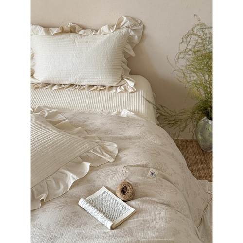 有态度棉麻提花床盖三件套夹棉绗缝榻榻米纯色床单被套四季可机洗