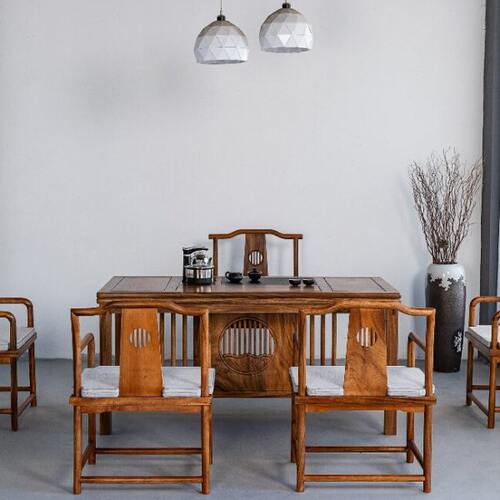 胡桃木梳影茶桌新中式实木组合茶桌乌金石茶盘茶几禅意茶桌茶艺桌