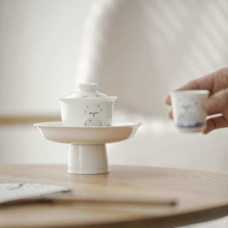 墨己 万物可爱 手绘鲸鱼壶承 茶道配件陶瓷高足多用茶点盘 温馨