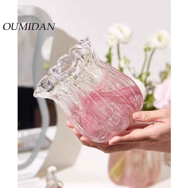 珠光粉色玻璃花瓶摆件轻奢高级感客厅插花装饰花R器民宿样板间摆