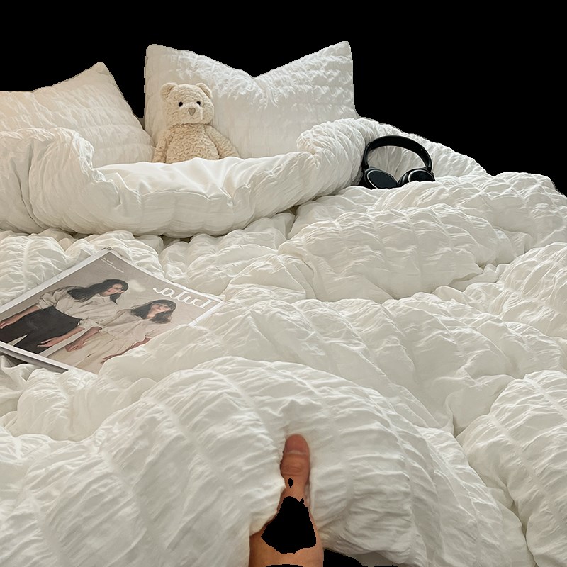 韩式风纯白色少女心水洗棉被套床上用品四件套纯色床单宿舍三件套