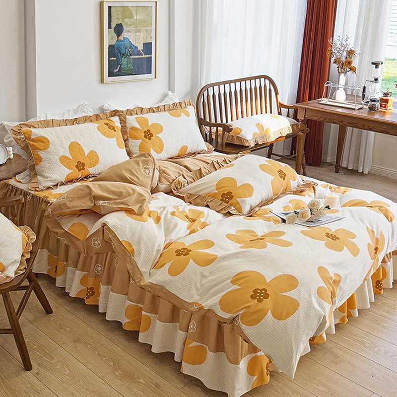 韩式全棉加棉床裙款四件套加厚纯B棉公主风夹棉床罩被套床上用品