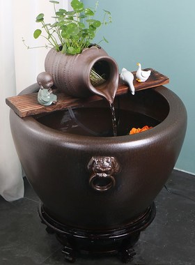 陶瓷鱼缸石槽古法养鱼水循环装饰陶罐流水造景摆件水池花园喷泉