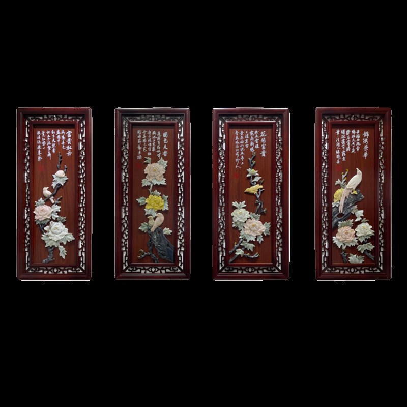 新中式客厅装饰画梅兰竹菊沙发背景墙挂画餐厅墙面装饰四联玉雕画