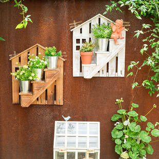 户外实木阳台庭院壁挂式 饰 花架花盆田园花园家居墙面置物植物角装