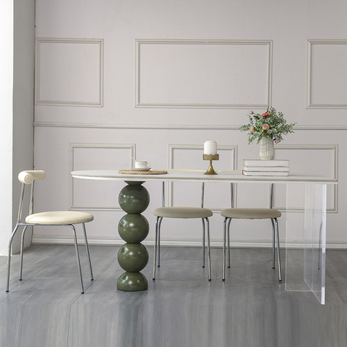 法式岩板餐桌小户型家用r网红奶油风半椭圆靠墙压克力悬浮岛台餐