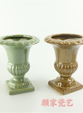 包邮方底浮雕黑白绿色古铜陶瓷奖杯花瓶花插花器家居工艺装饰摆件