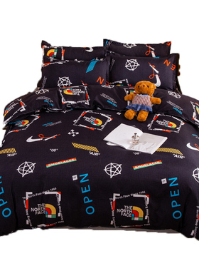 黑色潮流床上用品四件套床单被套水洗棉学生宿舍磨T毛三件套秋冬