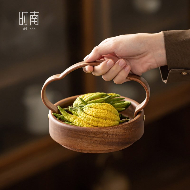 高颜值水果盘小精致实木手提篮客厅茶几零食干果收纳盒胡桃木托盘