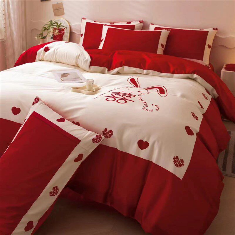 高档陪嫁结婚四件套红q色床单被套全棉纯棉婚庆床上用品新婚房喜