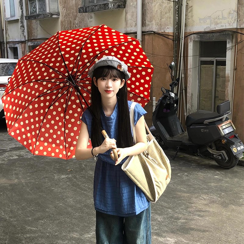 红色波点雨伞202o4年新款加大加厚加固长柄伞抗强风暴雨女生