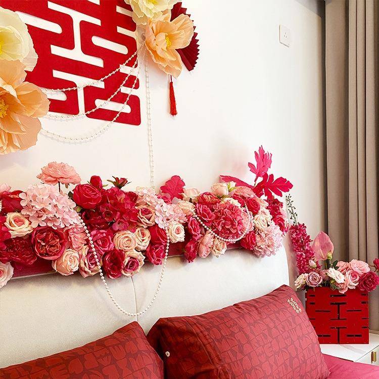婚礼布置新卧室房DI床头花玫Y床头花红色仿房真假干花新艺摆件背