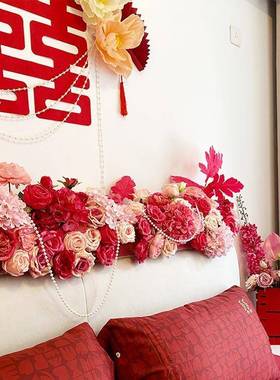 婚礼布置新卧室房DI床头花玫Y床头花红色仿房真假干花新艺摆件背