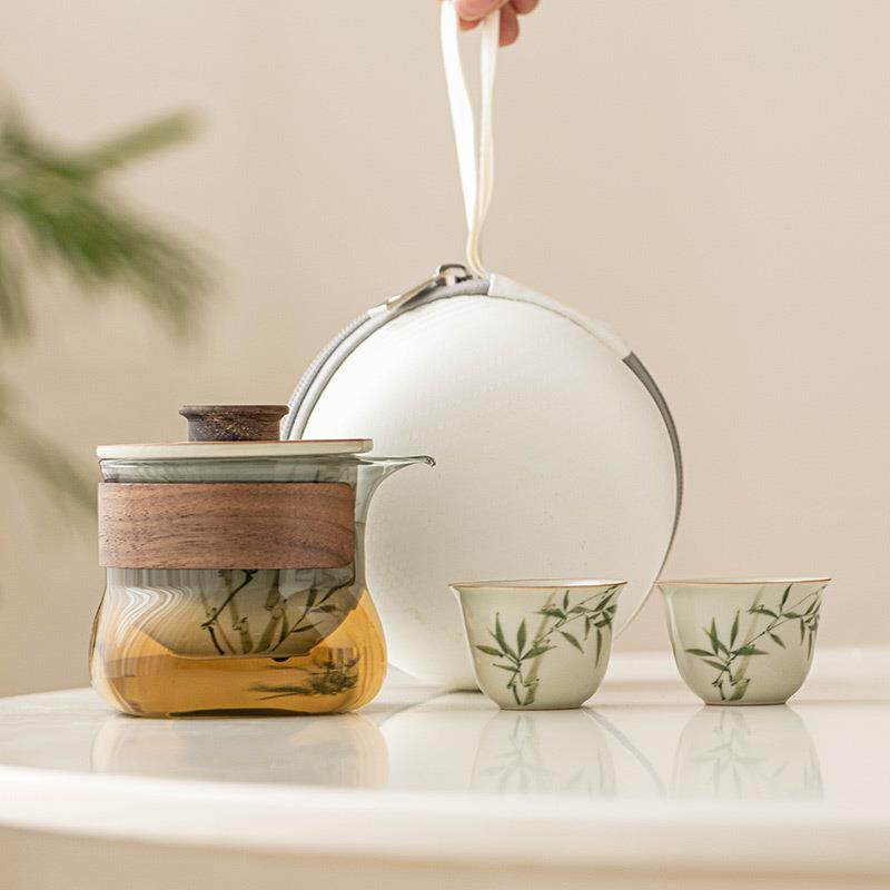 手绘行翠绿文竹快客杯一营壶两户外旅杯茶具便携式露泡茶套24JS04