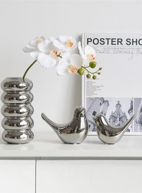 ins北欧现e代轻奢设计高级感电镀银陶瓷小鸟花瓶家居装饰品摆件