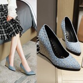 春季 女高跟鞋 大码 2020新款 女鞋 尖头坡跟单鞋 百搭通勤工作鞋