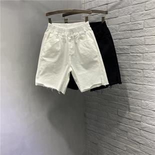 特大码300斤白色撕边牛仔五分裤男E夏季松紧腰显瘦阔腿裤直筒中裤