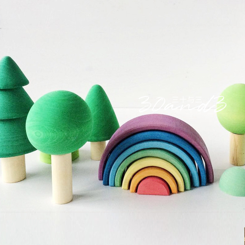 磨砂小树实木质摆件蘑菇屋儿童玩具亭子桥模型过家家橱窗场景DIY