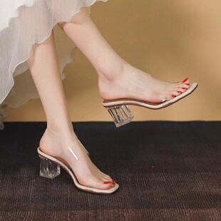 35-45码 大码女鞋41欧美风透明一字带拖鞋42夏季女式粗跟高跟鞋43