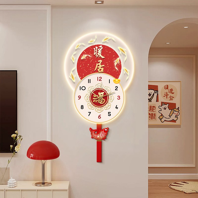 九鱼聚财客厅装饰画钟表灯画电视背景墙时钟挂画家用静音挂钟壁画