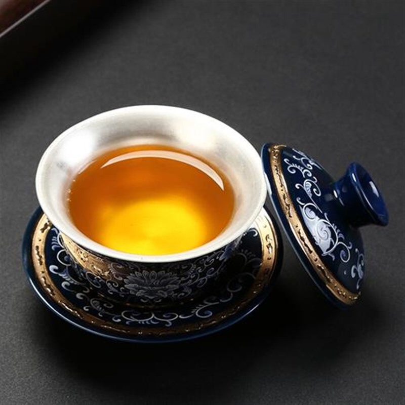艾喜仕茶具 青花瓷银茶具999 加厚功夫盖碗鎏银茶杯碗茶具镶金陶