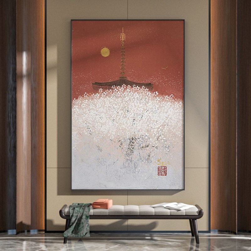 现代新中式酒店餐厅客厅入户玄关装饰画日式红色背景墙壁竖版挂画图片