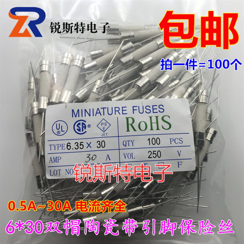 6x30MM陶瓷保险丝管 250V带引线脚 8A/10A/15A/20A/25A/30A 100个