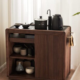 北美黑胡桃木移动茶水柜新中式实木茶边柜台小型家用烧水壶一体几