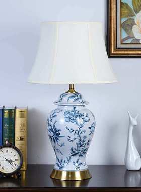 外贸蓝色花鸟手绘现代中式客厅简约床头卧室装饰台灯陶瓷书房台灯
