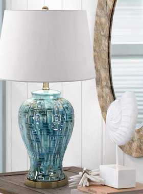 美式陶瓷台灯现代简约蓝色窑变卧室床头灯样板房设计师摆件