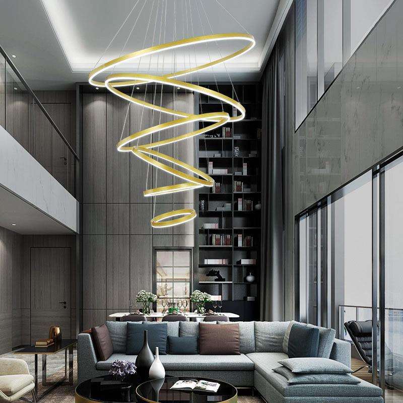 复式楼现代简约大吊灯大厅餐厅灯具北欧家用吊灯客厅轻奢别墅圆环