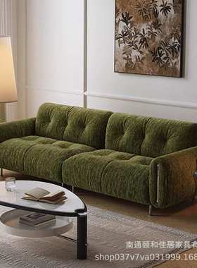 法式中古风小户型客厅云朵沙发直排拉扣雪尼尔墨绿色高脚布艺沙发
