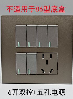 灰色120型六位五孔1p0A电源+开关插座6开关双控开关二三插六开面