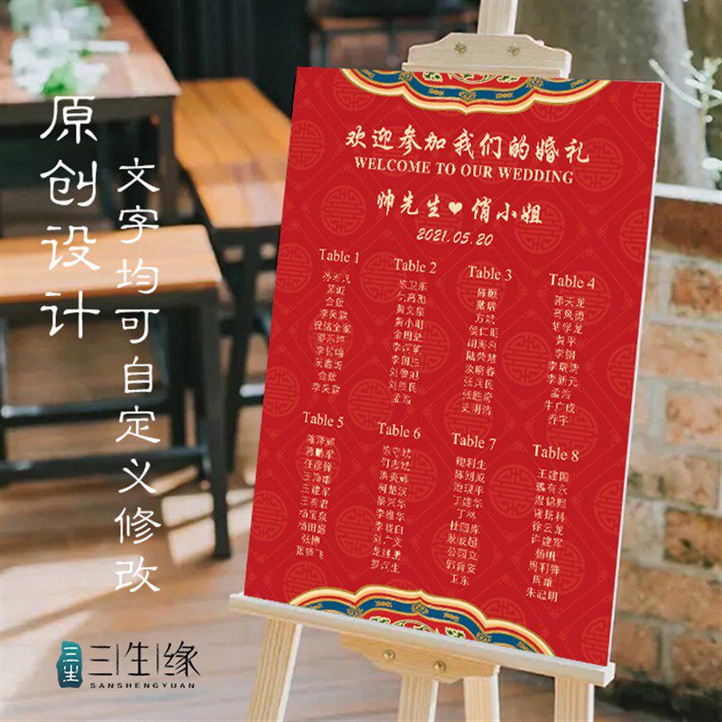 定制中式婚礼席位图订婚宴海报宴会宾客名单迎宾牌红色生日座位表