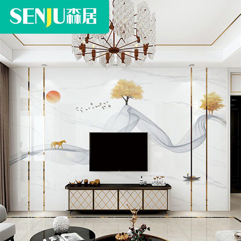 岩板电视背景墙金属条现代简约大理石影视墙客厅大板瓷砖微晶石