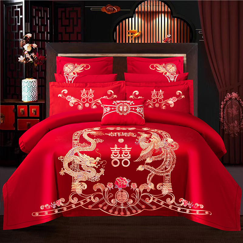 新婚庆四件套大红全棉刺绣结婚房床上用品六十件套喜婚被龙凤床品