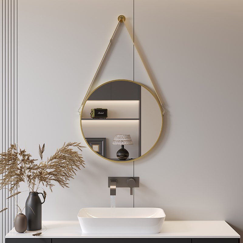 圆形浴室镜洗面台镜子梳妆镜挂墙卫生间化妆镜壁挂美发店金色圆镜