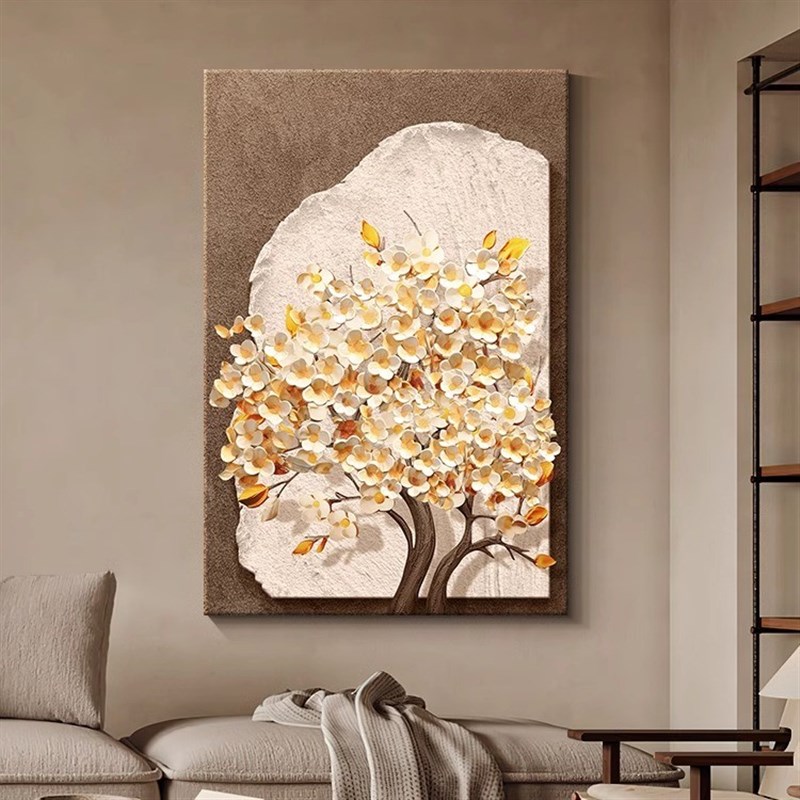 发财树玄关装饰画 画侘寂风走廊过道肌理壁画 画竖版客厅沙发背景图片