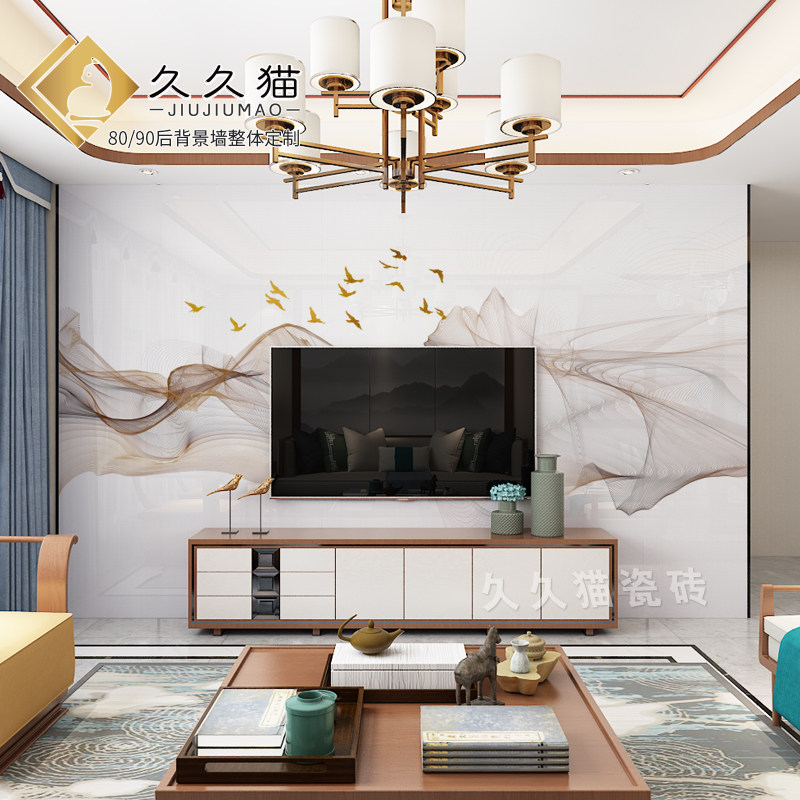 客厅岩板背景墙金色线条大理石瓷砖微晶石客厅影视墙石材羽毛安装