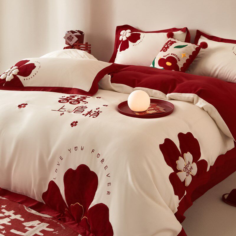 中式婚庆四件套大红色床单被罩全棉结婚陪嫁婚房床上用品