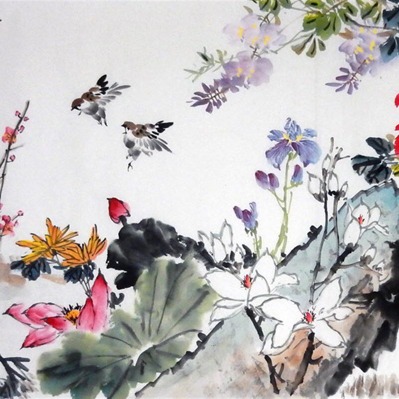 纯手绘国画花鸟字画 小六尺横幅 百花齐放水墨客厅字画餐厅装饰86