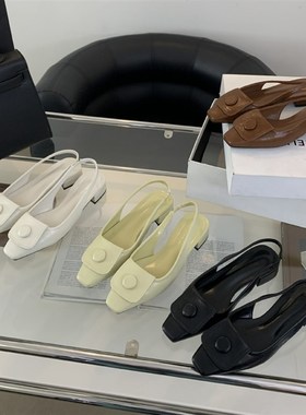 3997-2~低跟法式气质方头黑色包头凉鞋女鞋子2024年新款通勤鞋