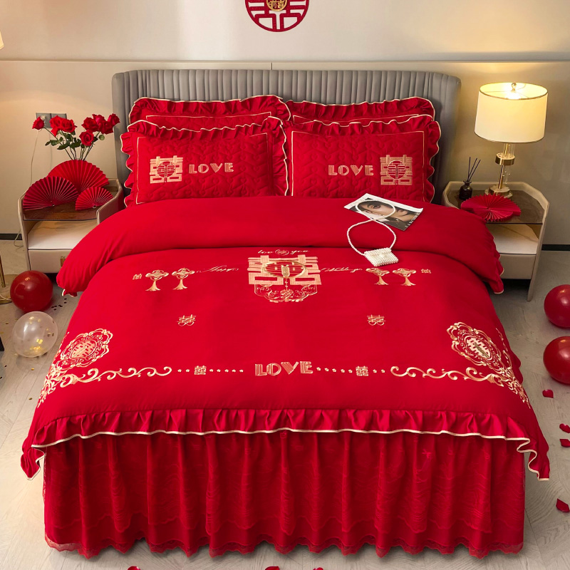 婚庆水洗棉喜庆四件套中式大红色床单高档刺绣被套结婚房床上用品
