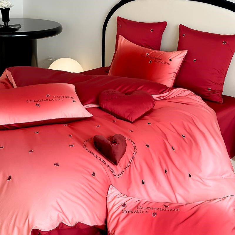 高级感渐变爱心长绒棉四件套全棉纯棉婚庆被套床单结婚房送礼床品